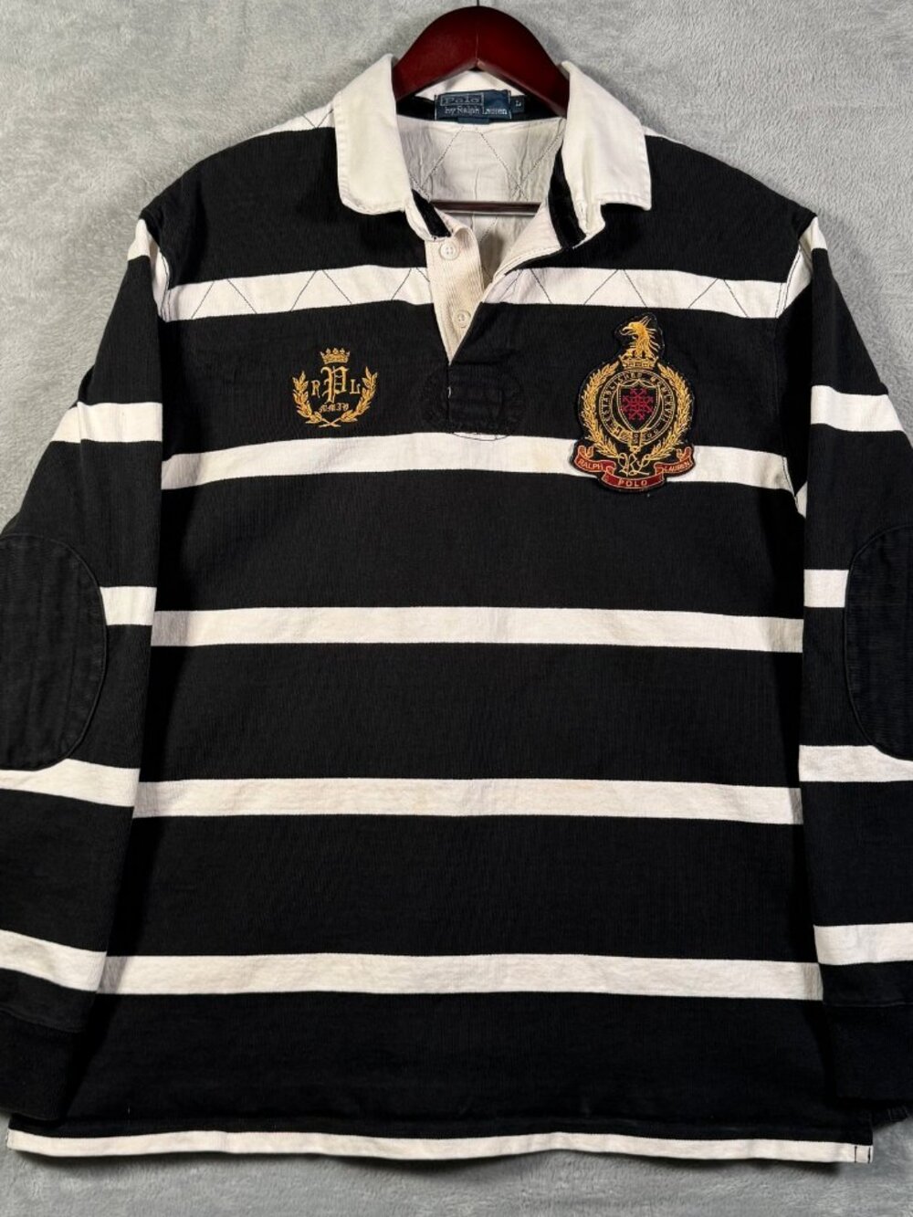 Polo Ralph Lauren Rugby Shirt Mens L Black White Striped Crest Vintage